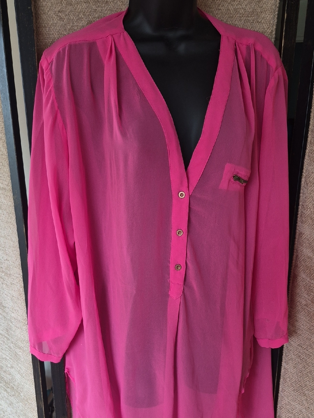 Ashley Stewart Sheer Hot Pink Button-Front Tunic